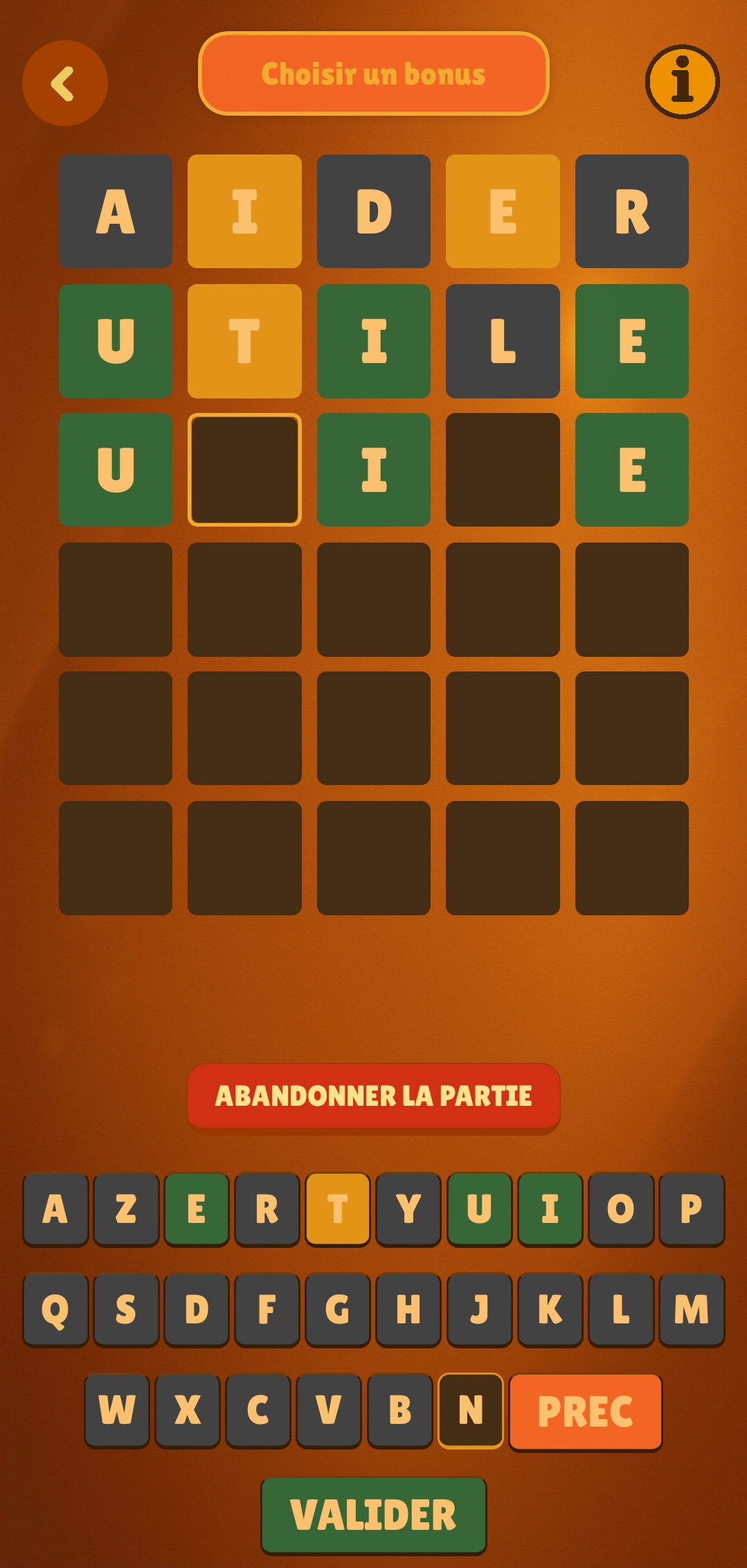 Grille de jeu Captain Wordle en cours de partie