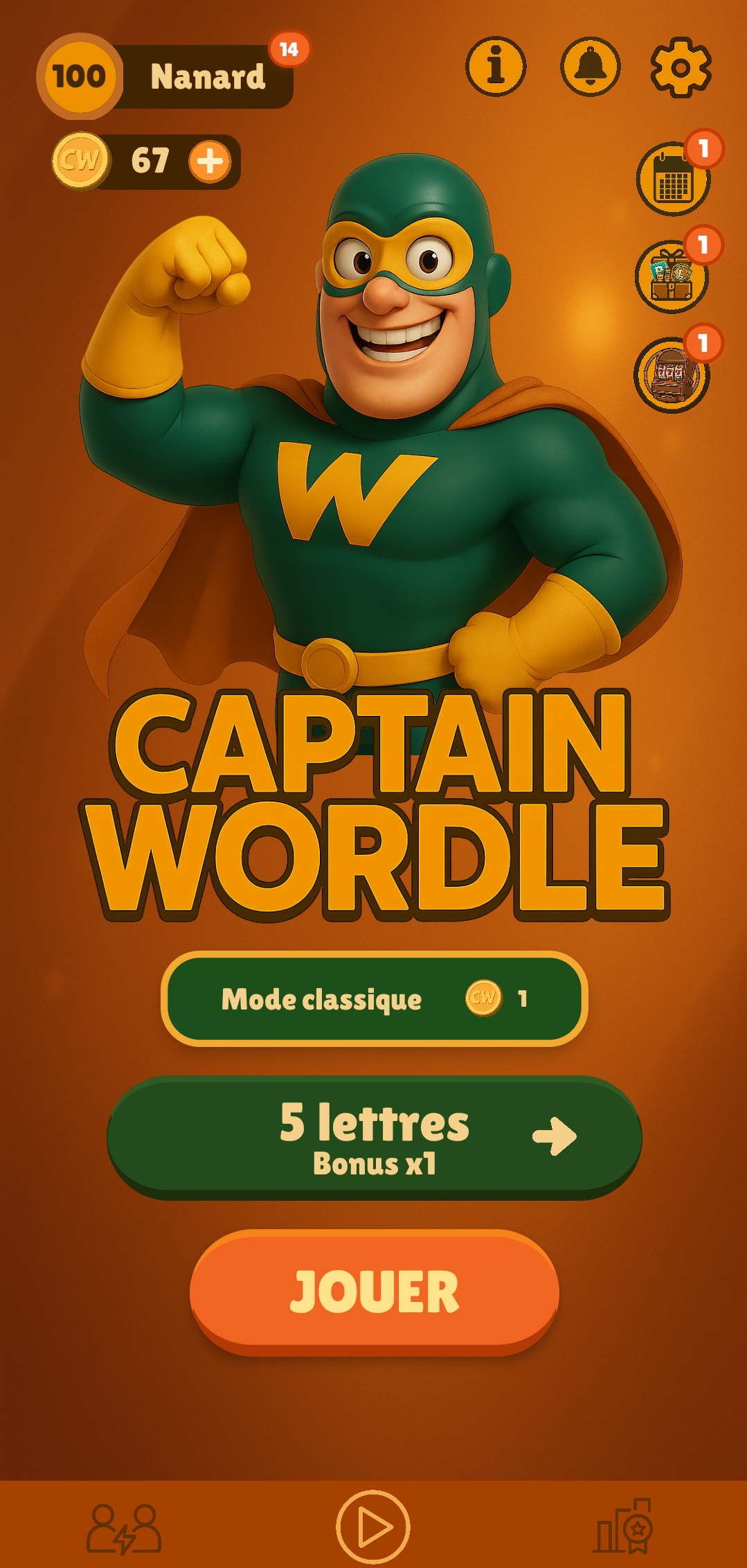 Écran d'accueil Captain Wordle avec le héros